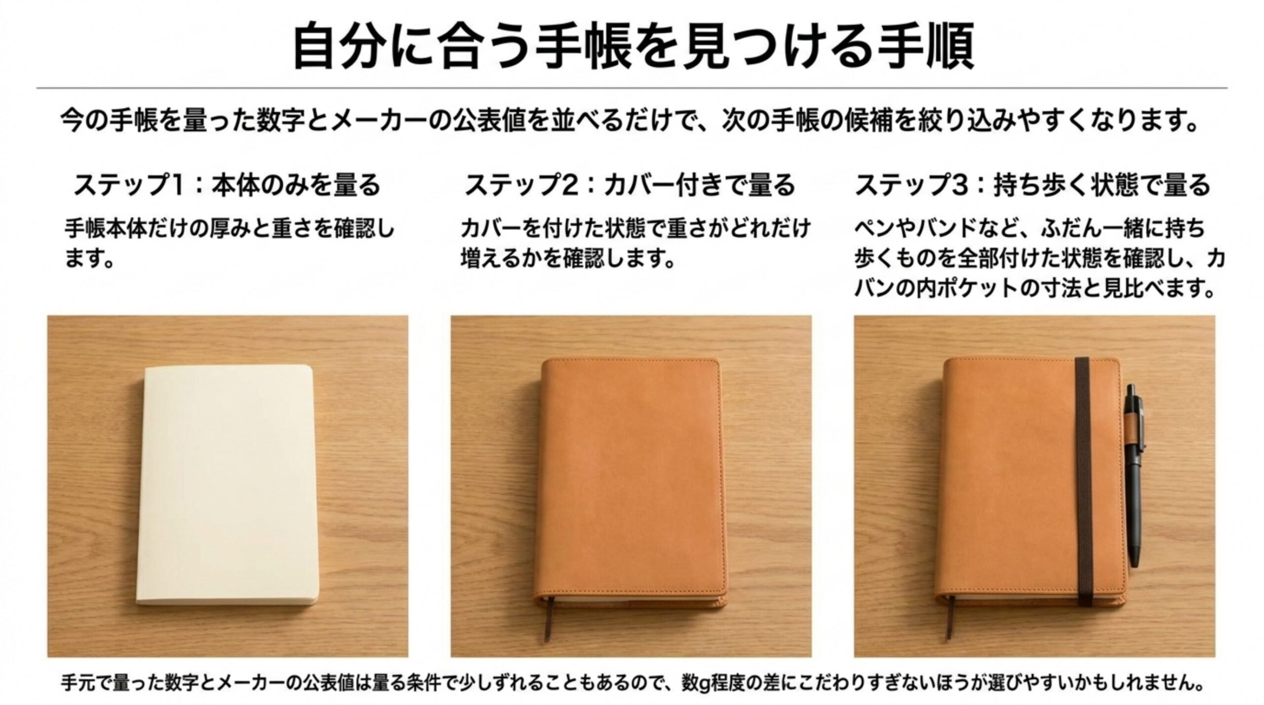 手帳本体だけ、カバー付き、持ち歩く状態の3段階で重さを量り、メーカーの公表値と比べて候補を絞る手順を示したスライド