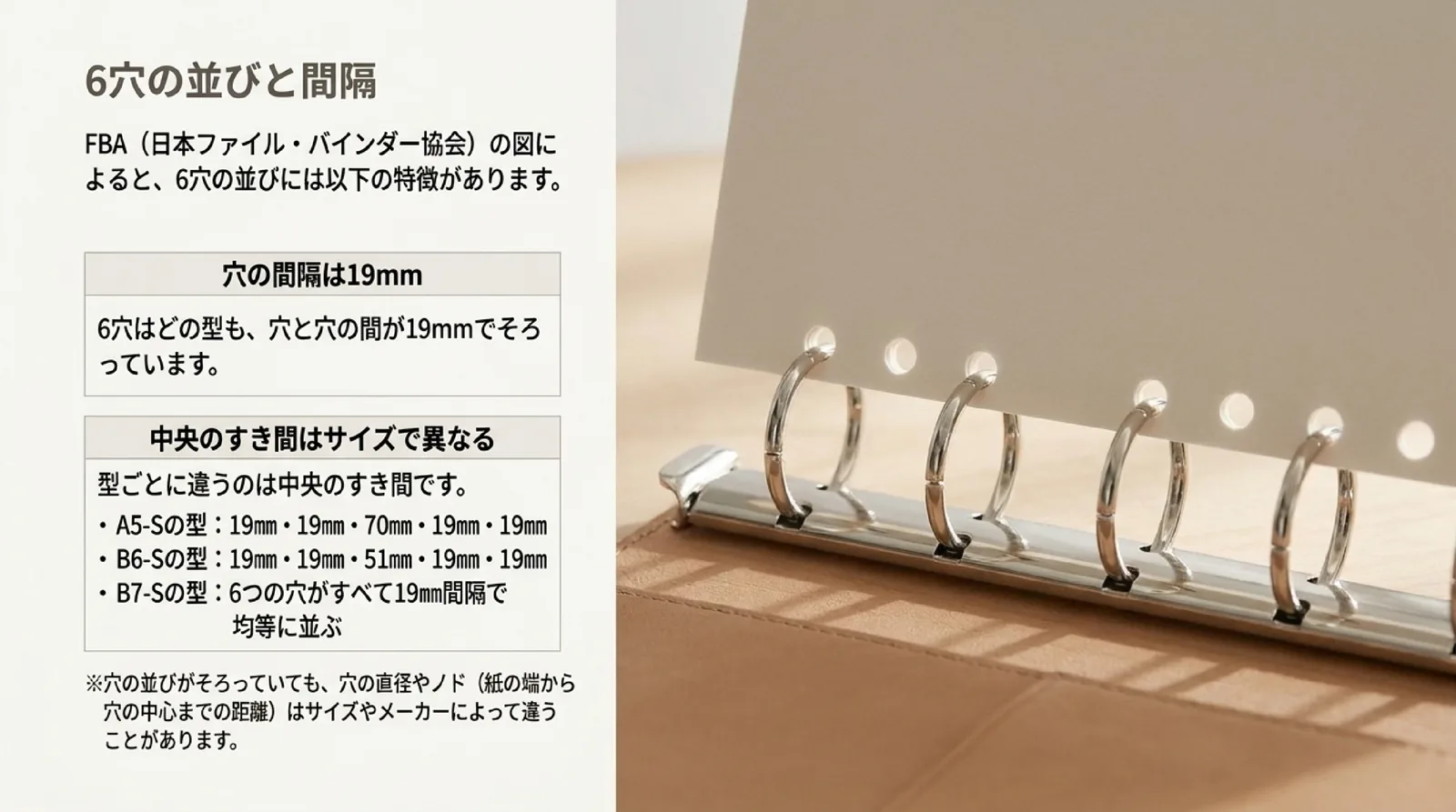 日本ファイル・バインダー協会の図をもとに、6穴は穴と穴の間が19mmでそろい、中央のすき間がA5・B6・B7の型ごとに違うことを示したスライド