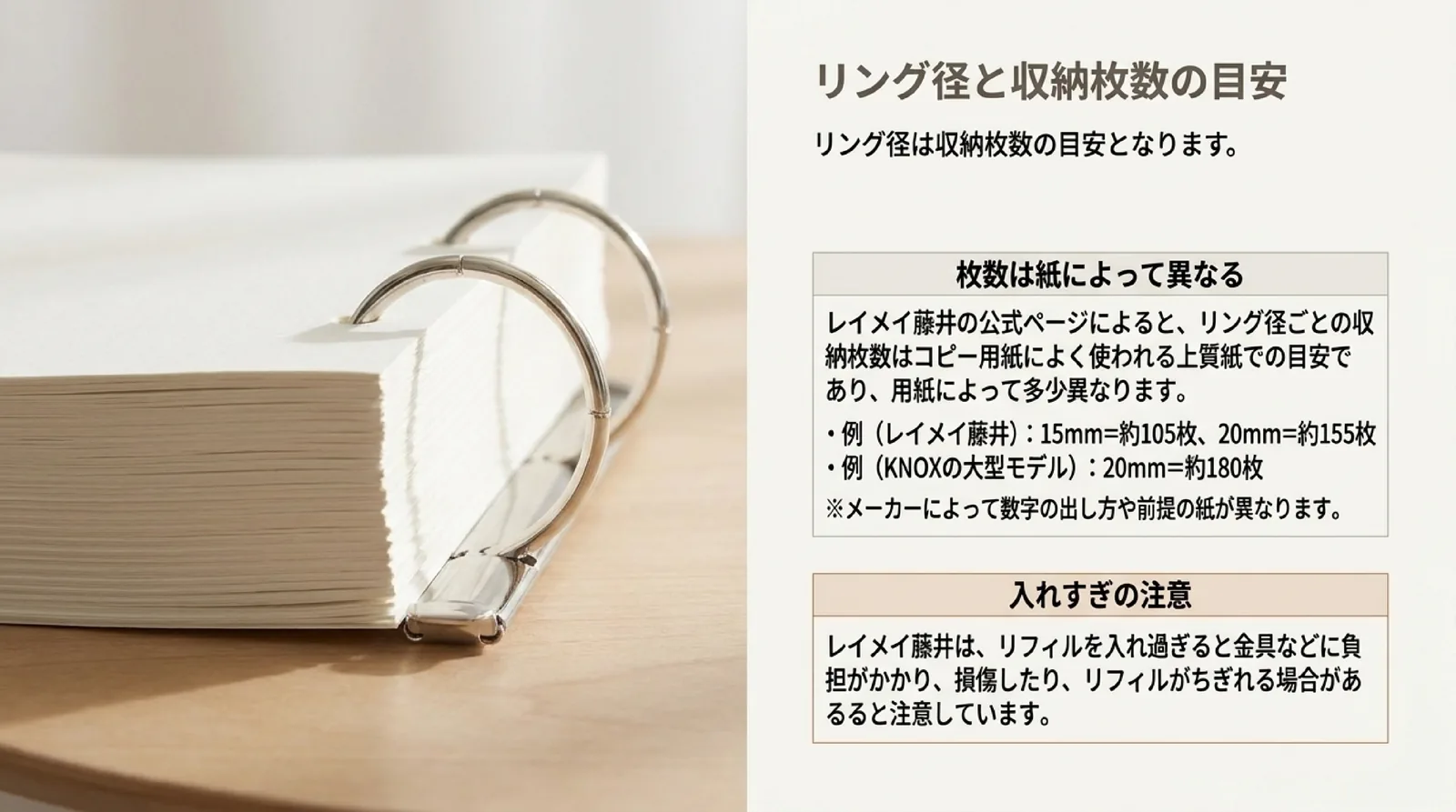 レイメイ藤井とKNOXのリング径ごとの収納枚数の例と、枚数は紙によって変わること、入れすぎると金具に負担がかかることを示したスライド
