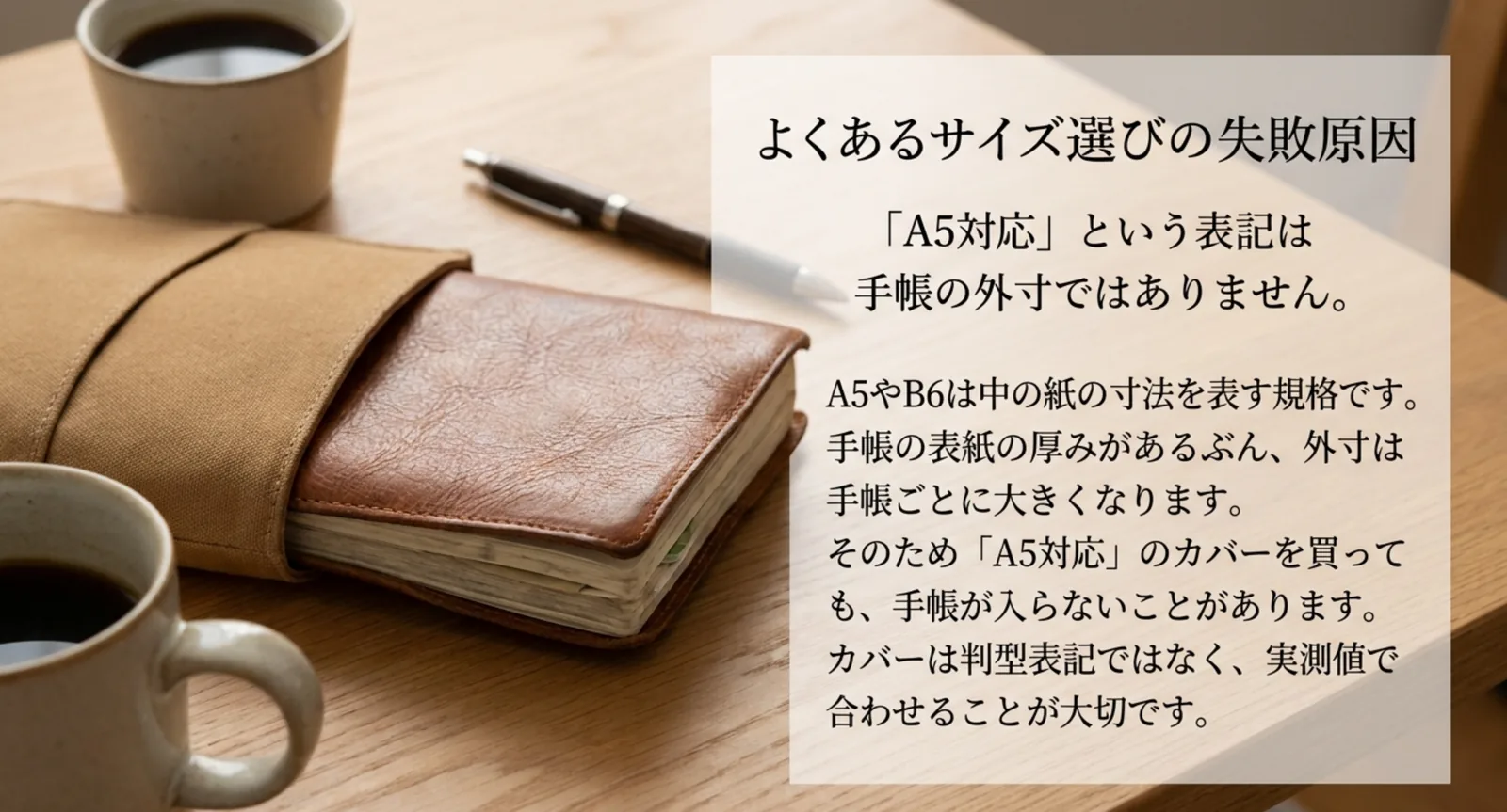 カバーに入れた手帳の厚みを示し、判型表記と外寸の違いを説明したスライド