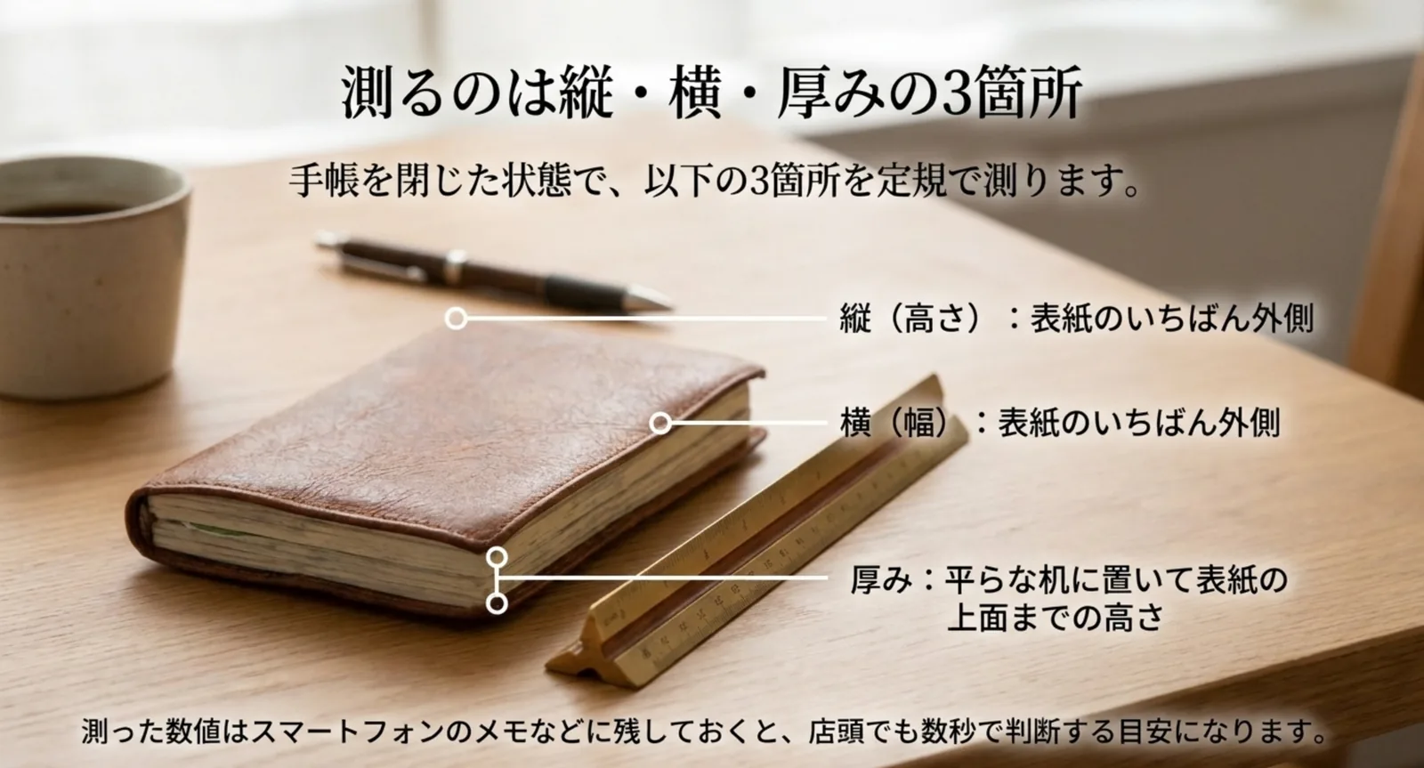 閉じた手帳と定規を並べ、縦・横・厚みの測る位置を示したスライド