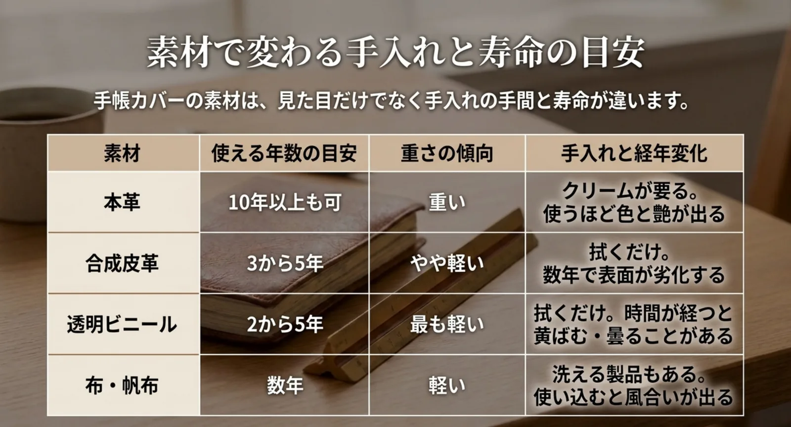 4つの素材の使える年数と重さ・手入れの違いを並べた比較表のスライド