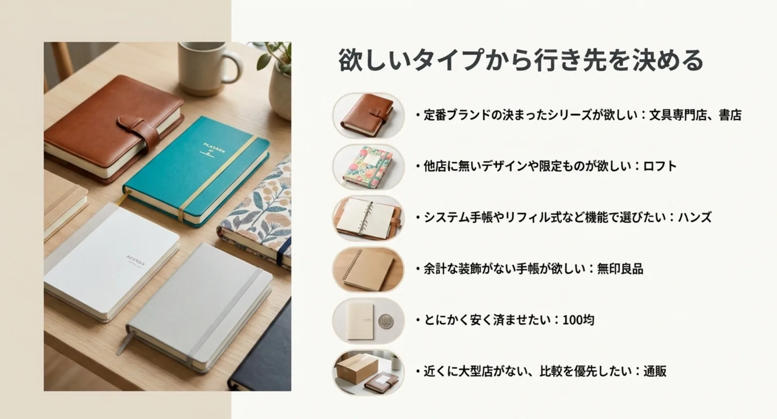 定番ブランドなら文具専門店や書店、限定デザインならロフト、システム手帳ならハンズ、シンプルなら無印良品、最安なら100均、比較優先なら通販という対応を並べたスライド