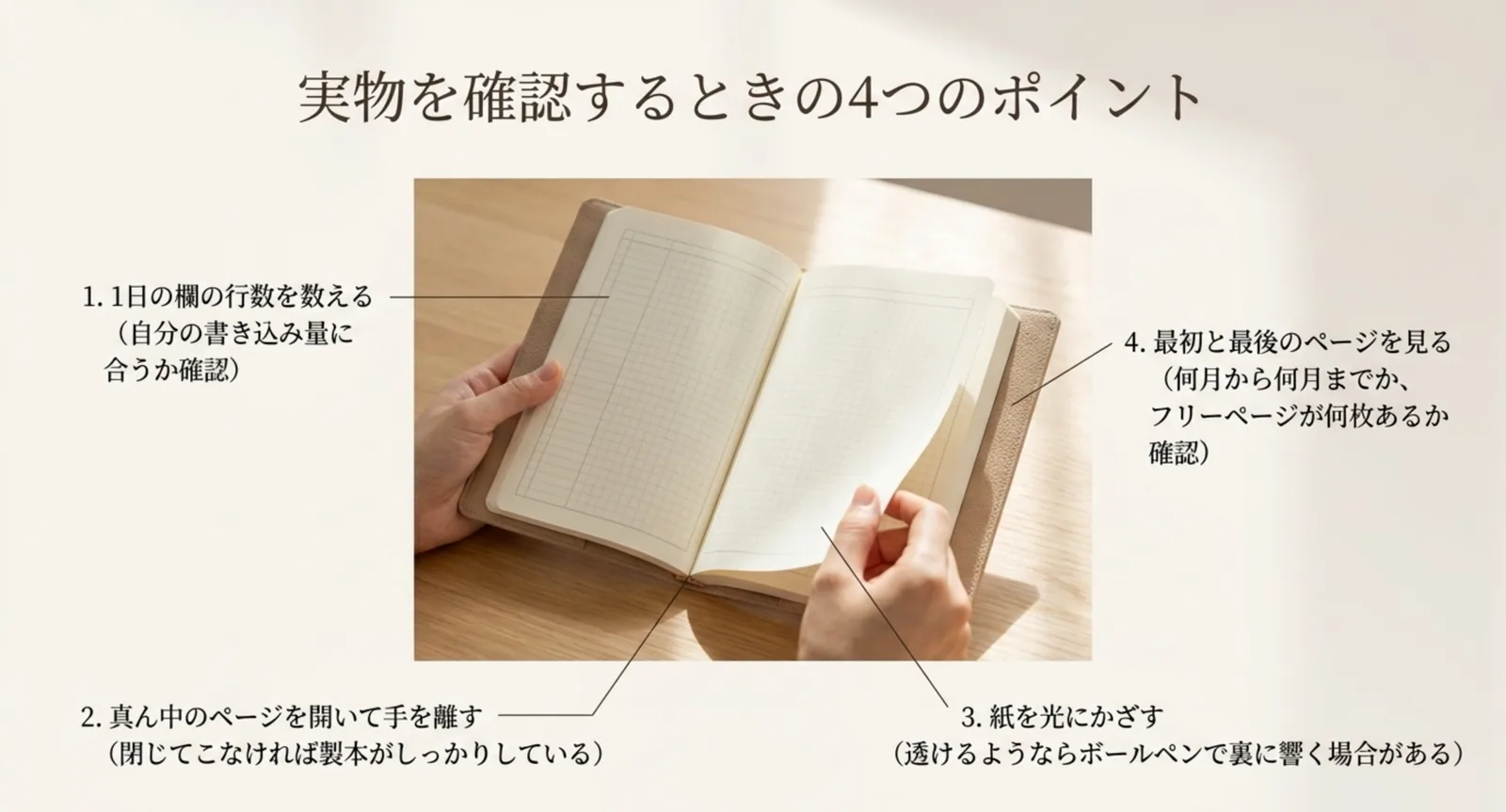 開いた手帳の写真に、1日の欄の行数・開いたときの平らさ・紙の透け具合・最初と最後のページという4つの確認点を引き出し線で示したスライド