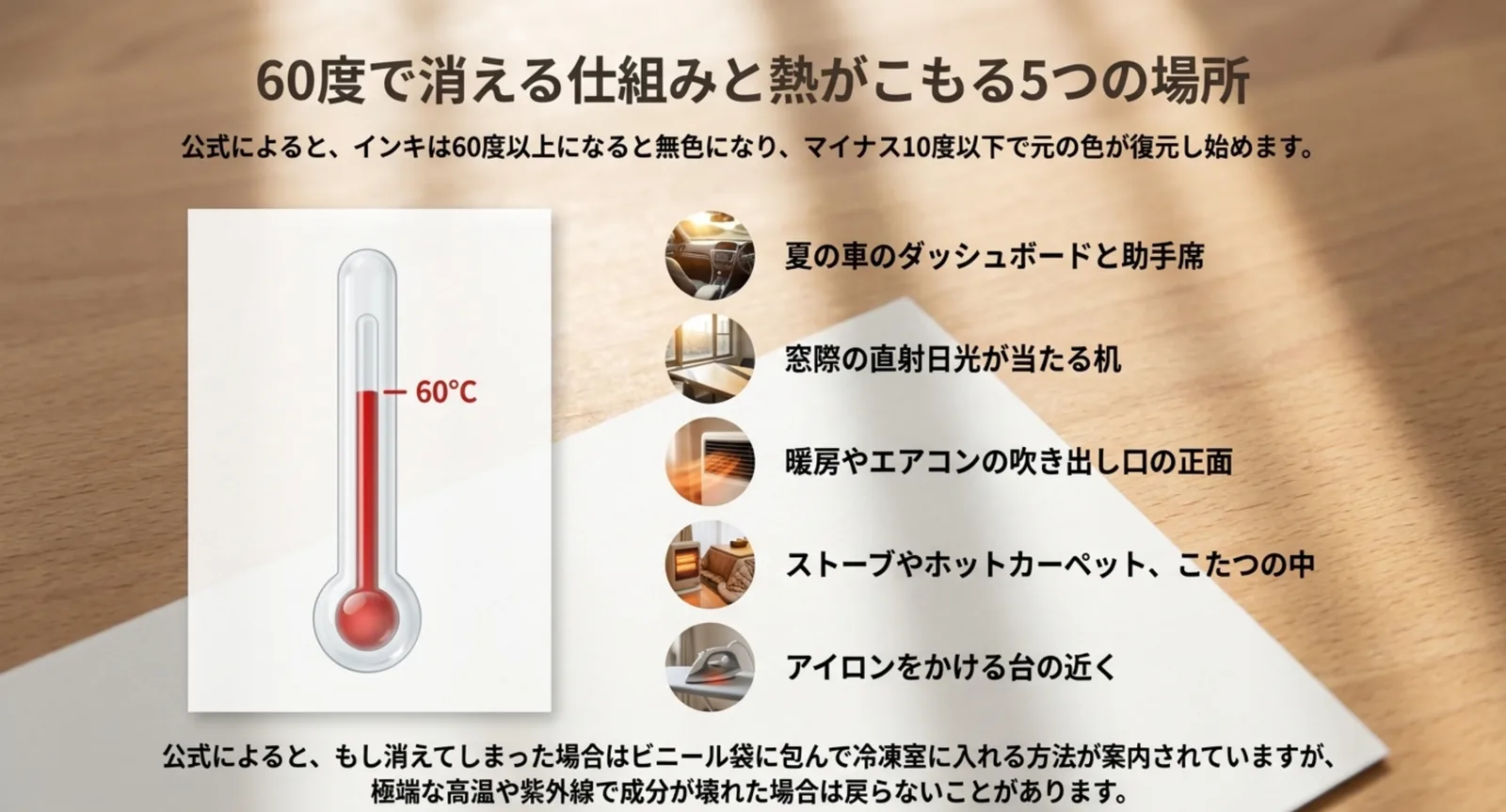 60度で消える仕組みと熱がこもる5つの場所を並べたスライド