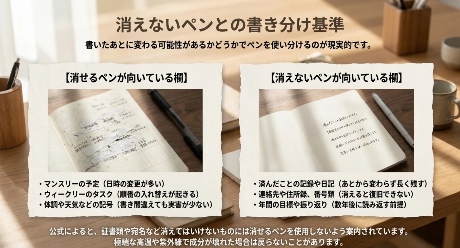 消せるペンが向いている欄と消えないペンが向いている欄を並べたスライド