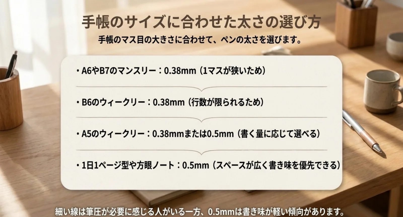 手帳のサイズとフォーマット別に向いているペンの太さを並べたスライド