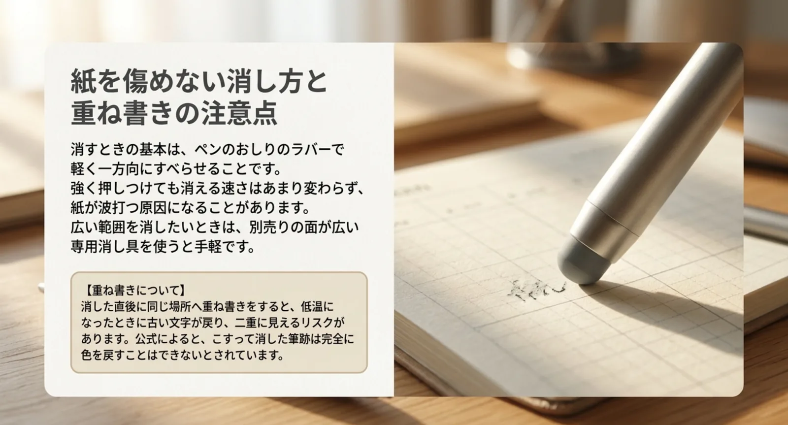 ペン尻のラバーで消す様子と重ね書きの注意点を示したスライド