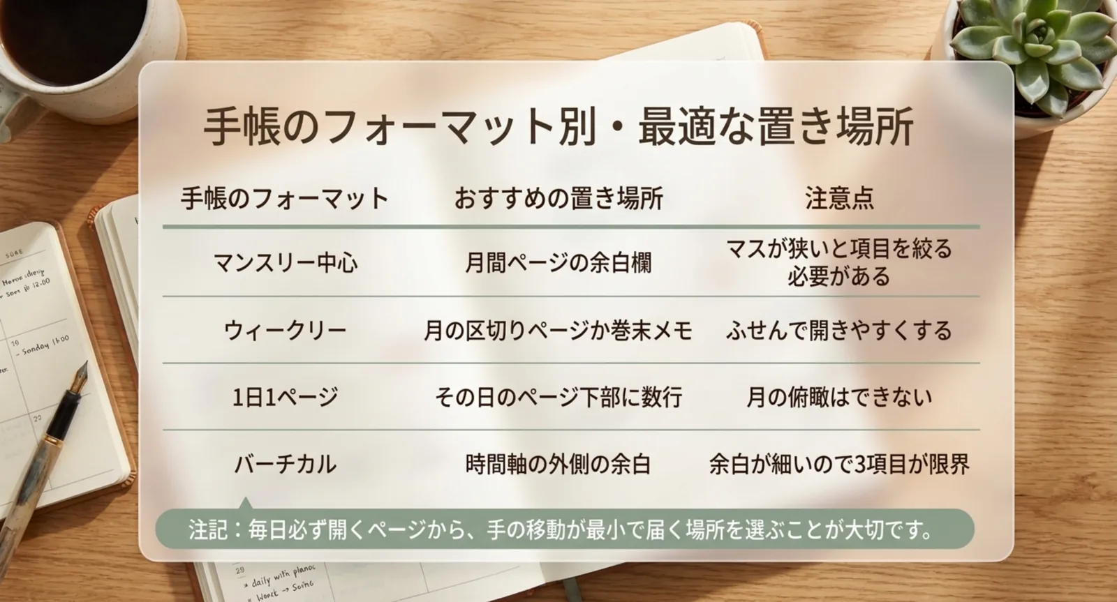 手帳のフォーマット別におすすめの置き場所と注意点を並べた表のスライド