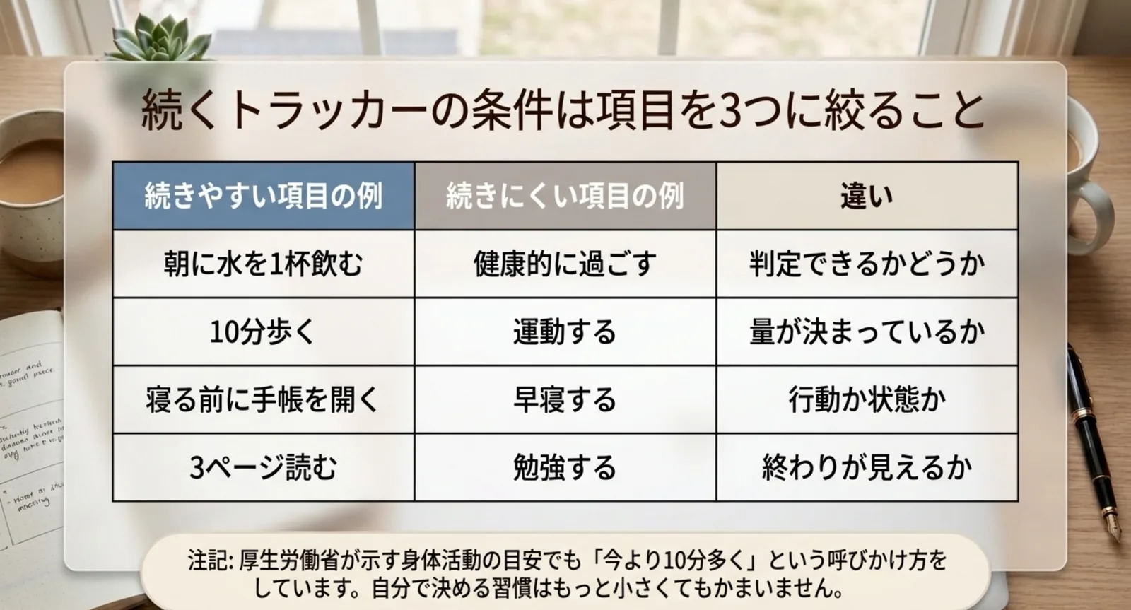 続きやすい項目と続きにくい項目を4組で比べた表のスライド