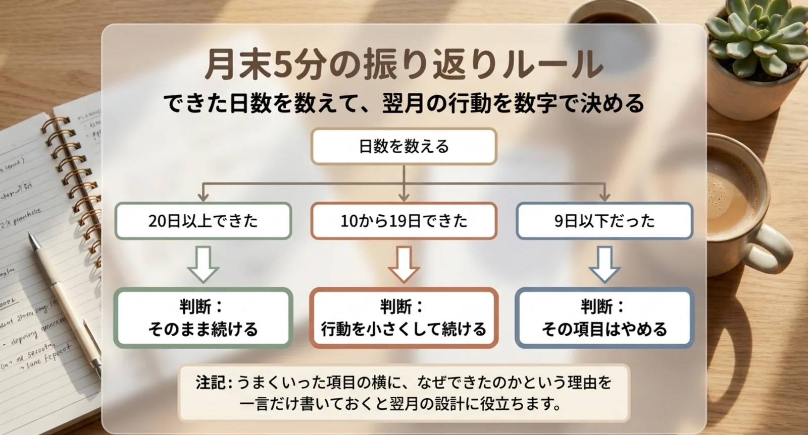 月末に数えた日数から翌月の行動を3つに分ける流れ図のスライド