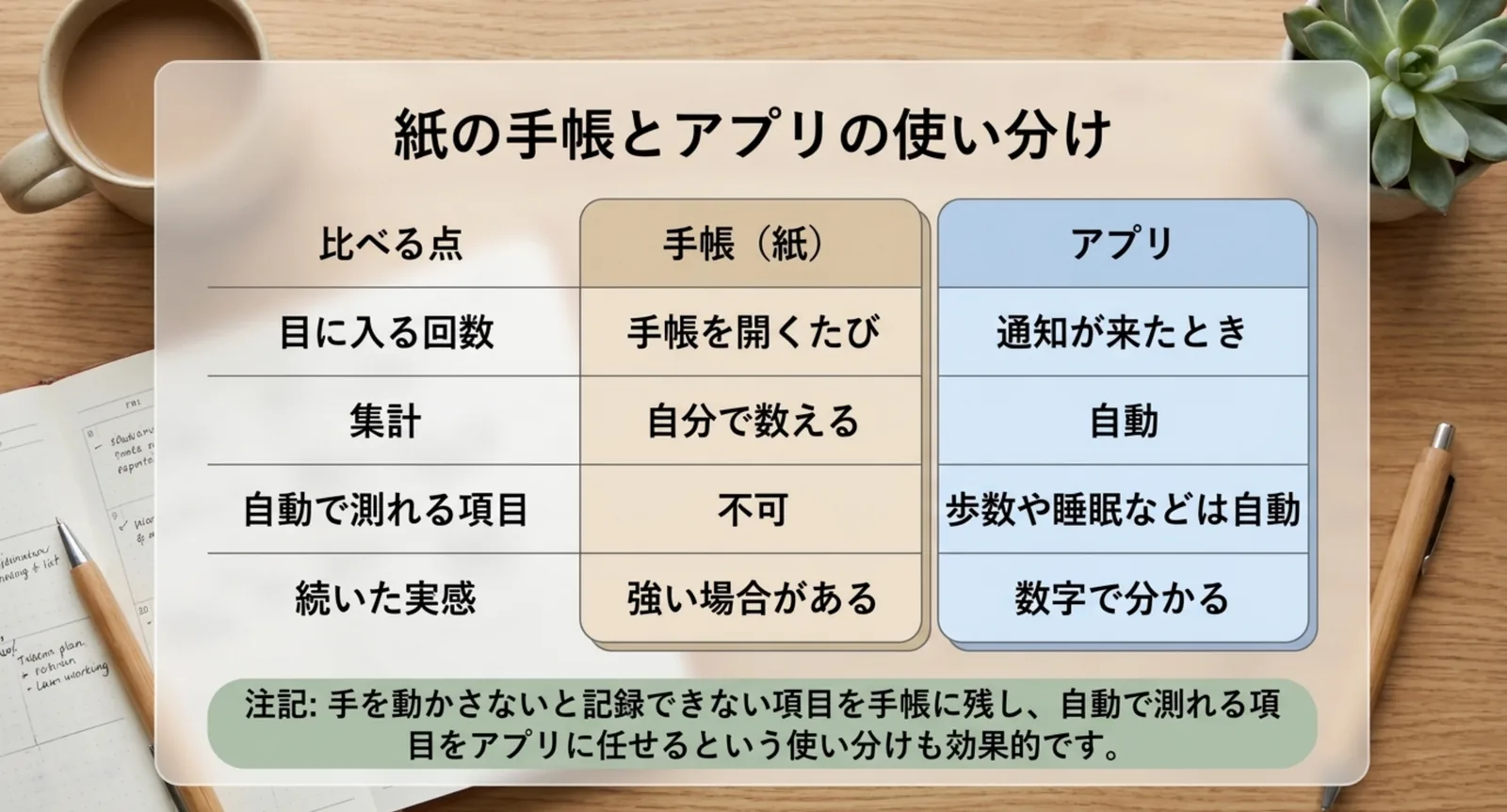 紙の手帳とアプリを4つの観点で比べた表のスライド