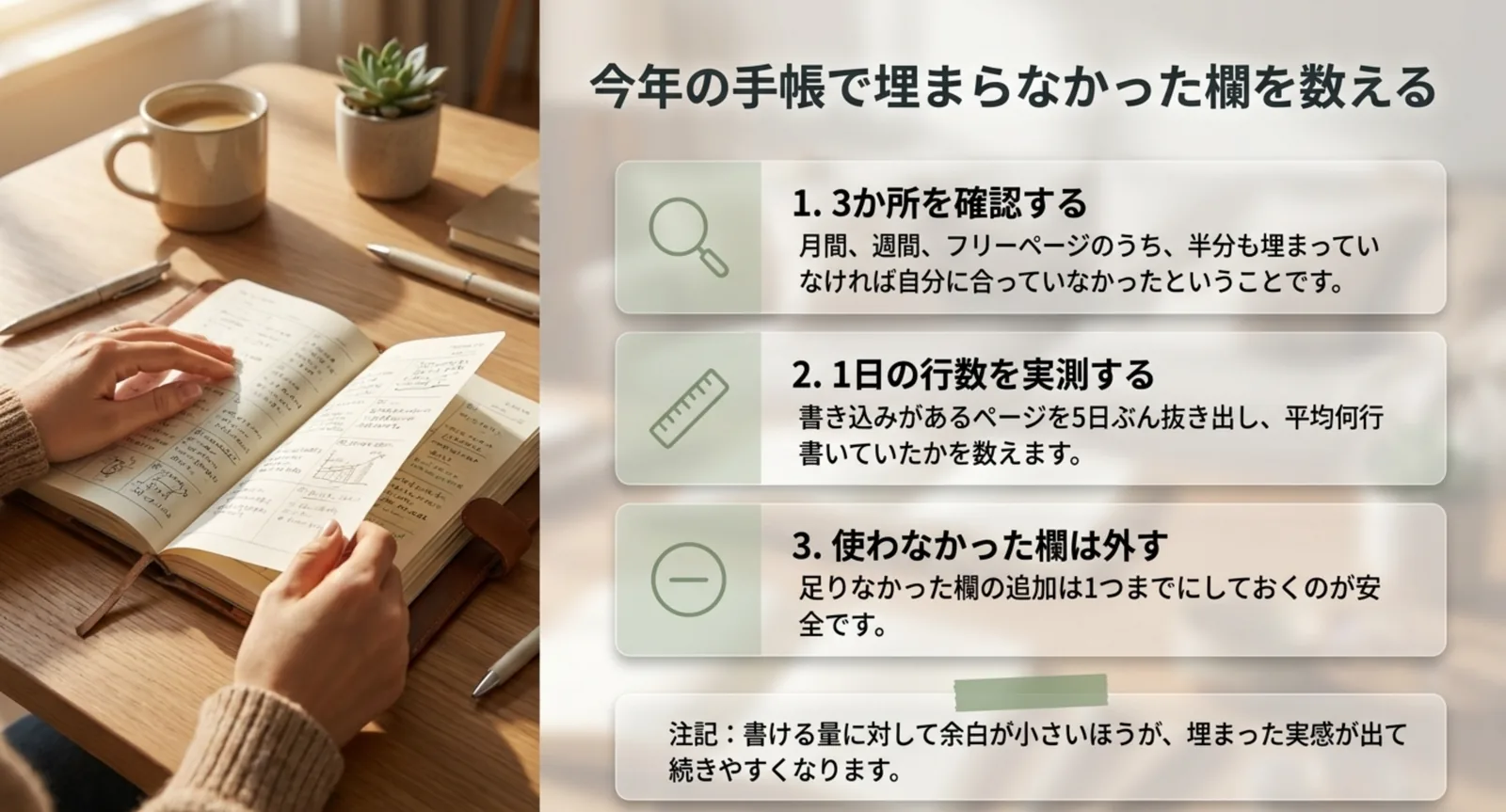 今年の手帳を開いて埋まらなかった欄を確認する3つの手順を示したスライド