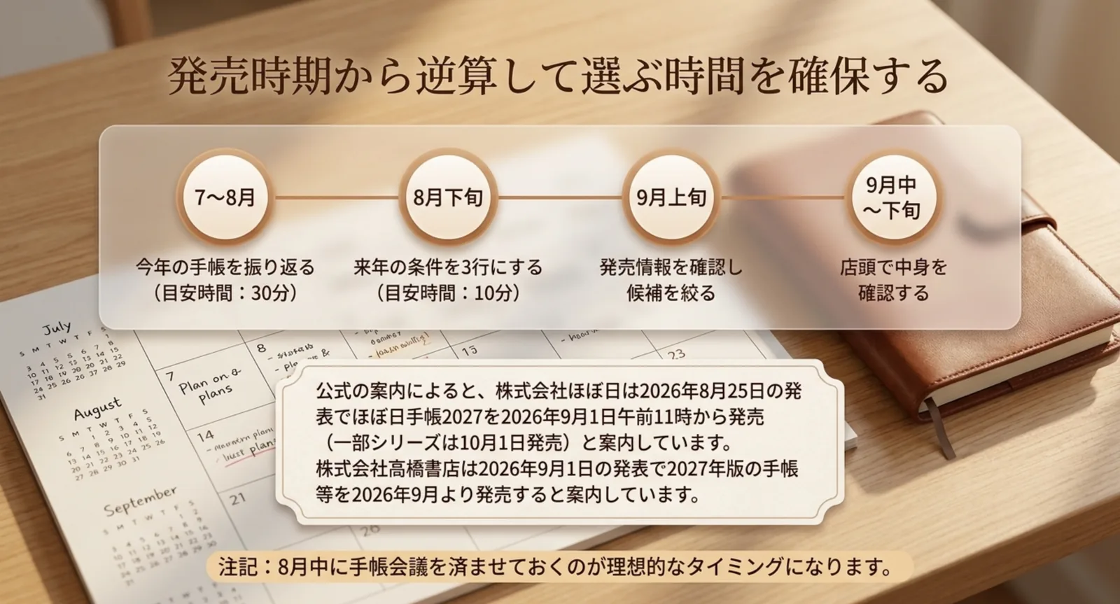 手帳会議の時期を7〜8月から9月下旬まで4段階で並べた年表のスライド