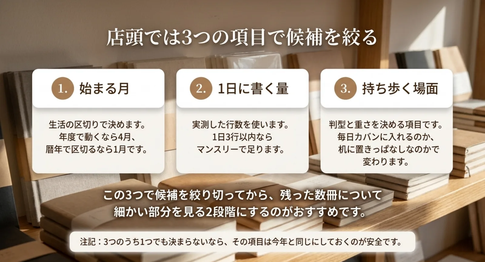手帳選びで比べる3項目とその決め方を並べたスライド