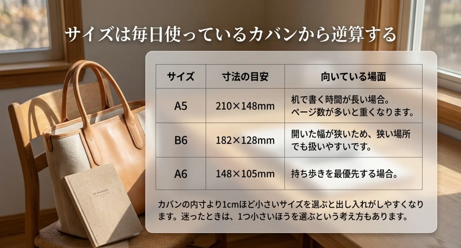 A5・B6・A6の寸法と向いている場面を並べた比較表のスライド