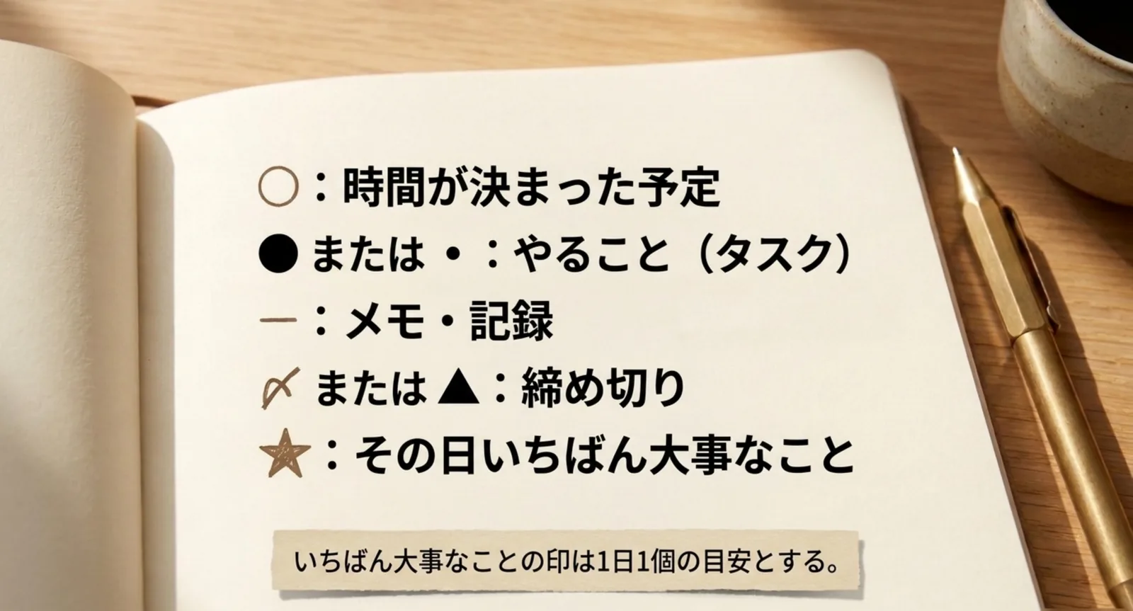手帳で使う基本の5つの記号とその意味を並べたスライド