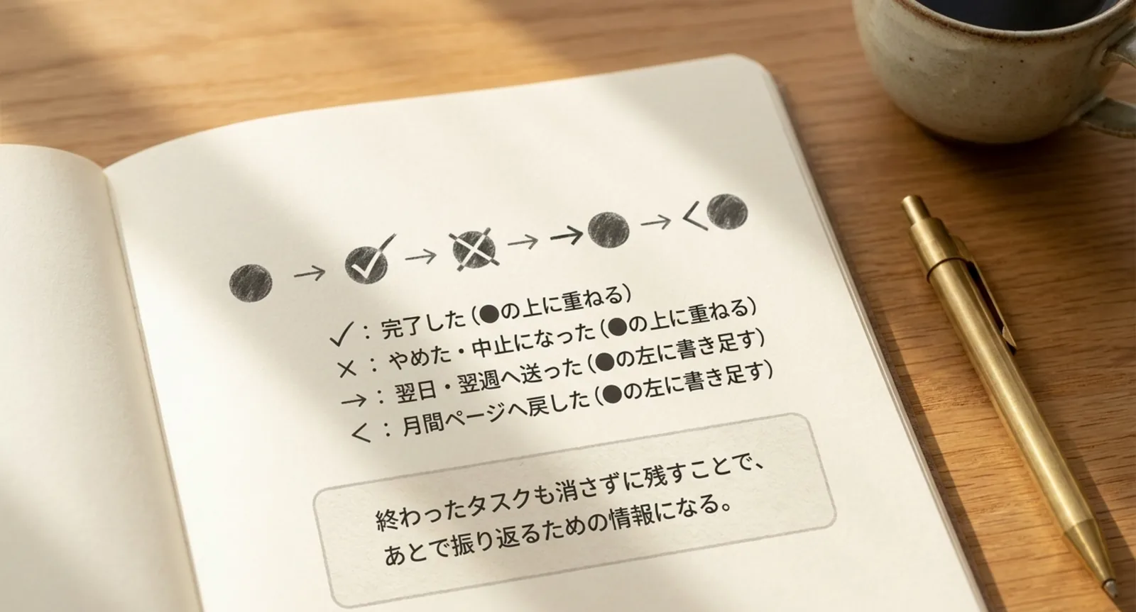タスクの記号が状態に応じて書き換わる流れを示したスライド