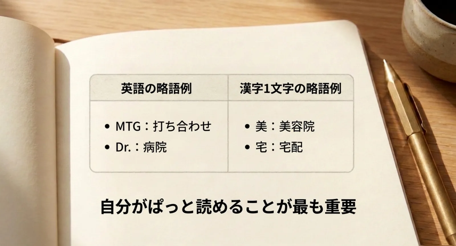 MTGやDr.などの英語略語と美・宅などの漢字1文字の略語を並べたスライド