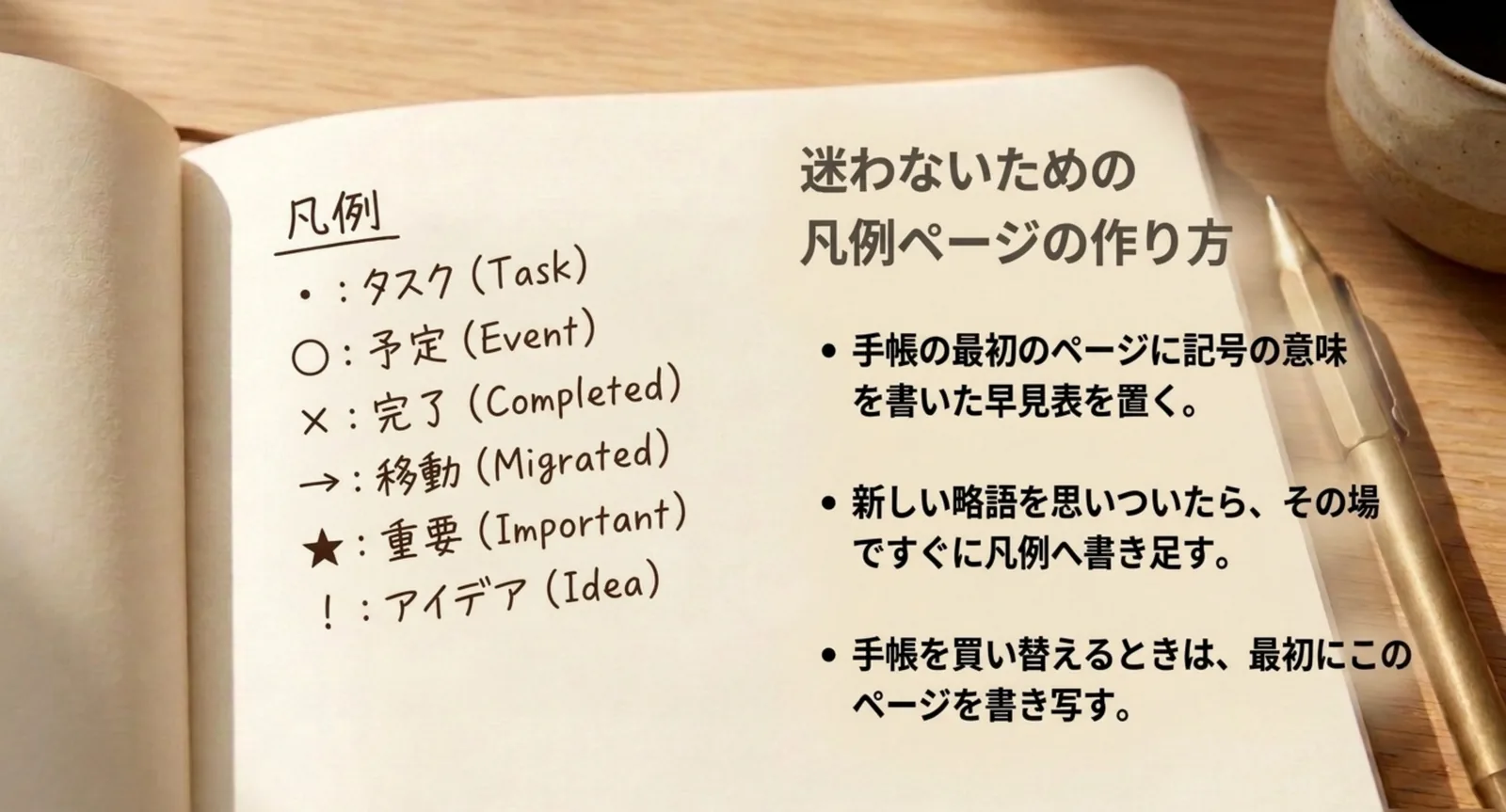 手帳の最初のページに作る凡例と、その運用の3つのコツを並べたスライド