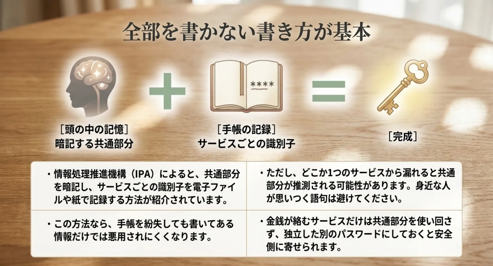 暗記する共通部分と手帳に記録するサービスごとの識別子を組み合わせてパスワードを作る仕組みと、この方式の限界を並べて説明したスライド