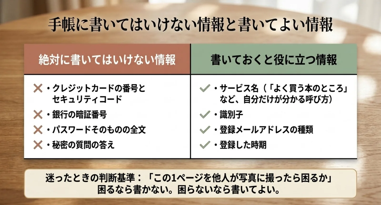 カード番号とセキュリティコード・銀行の暗証番号・パスワード全文・秘密の質問の答えは書かず、サービス名や識別子は書いてよいことを左右で対比したスライド