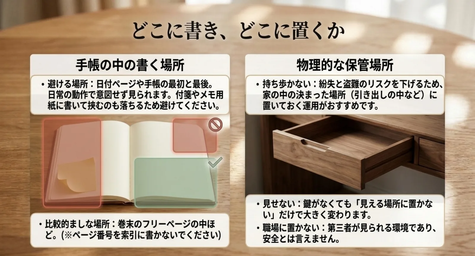 日付ページや手帳の最初と最後を避けて巻末に書くことと、持ち歩かず家の引き出しなど見えない場所に保管することを図で示したスライド