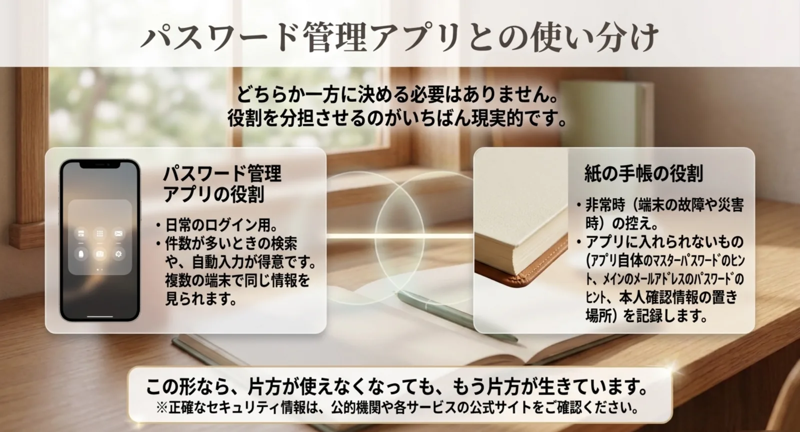 日常のログインはアプリが担当し、非常時の控えとアプリに入れられないものは紙が担当するという役割分担をまとめたスライド