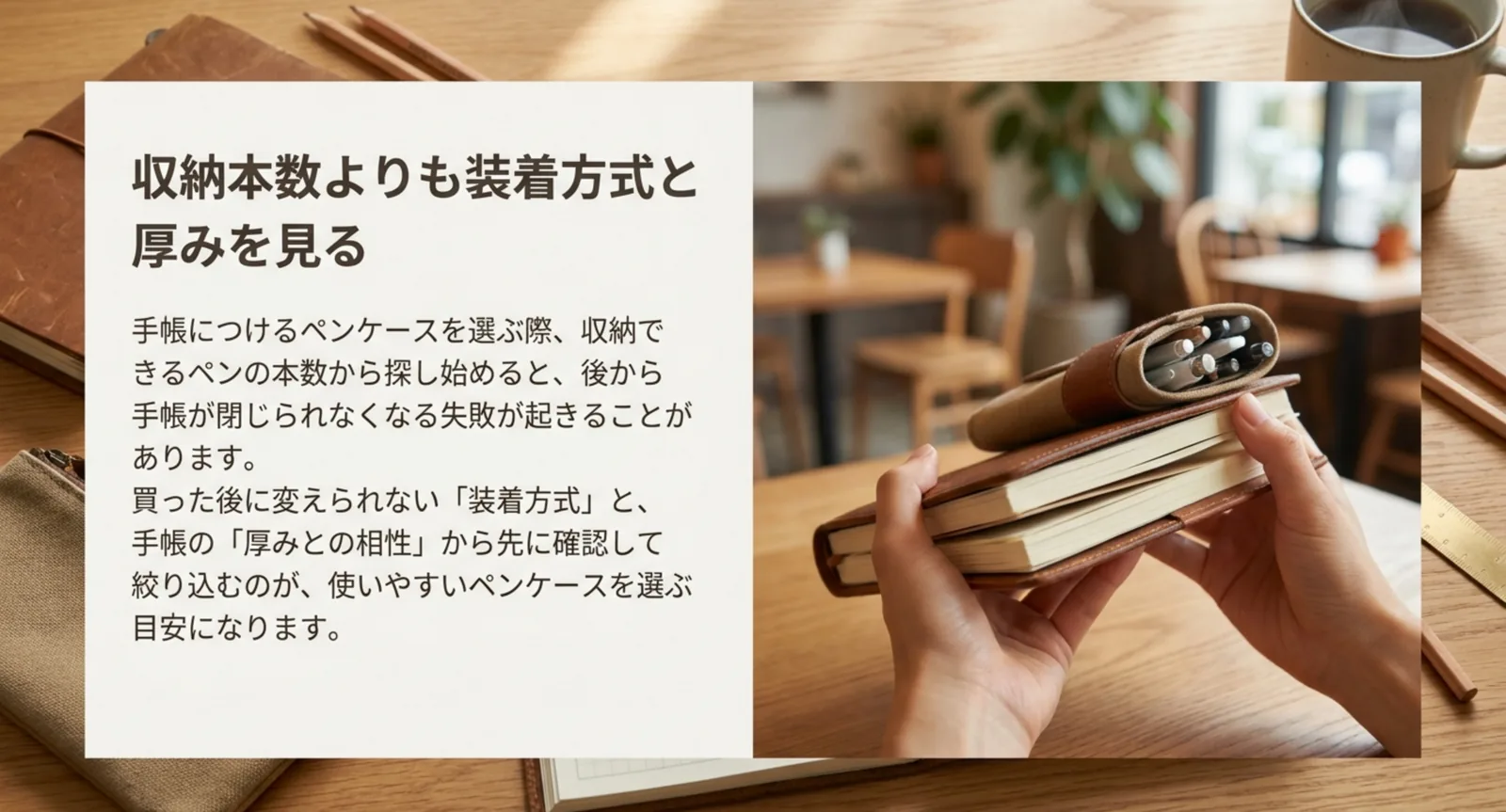 ペンケースを付けた手帳を手に持ち、装着方式と厚みから選ぶ理由を示したスライド