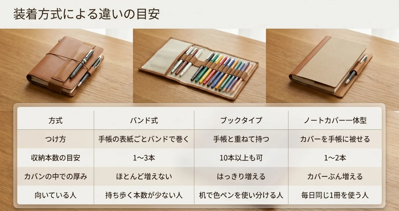 3つの装着方式のつけ方・収納本数・厚み・向いている人を並べた比較表のスライド