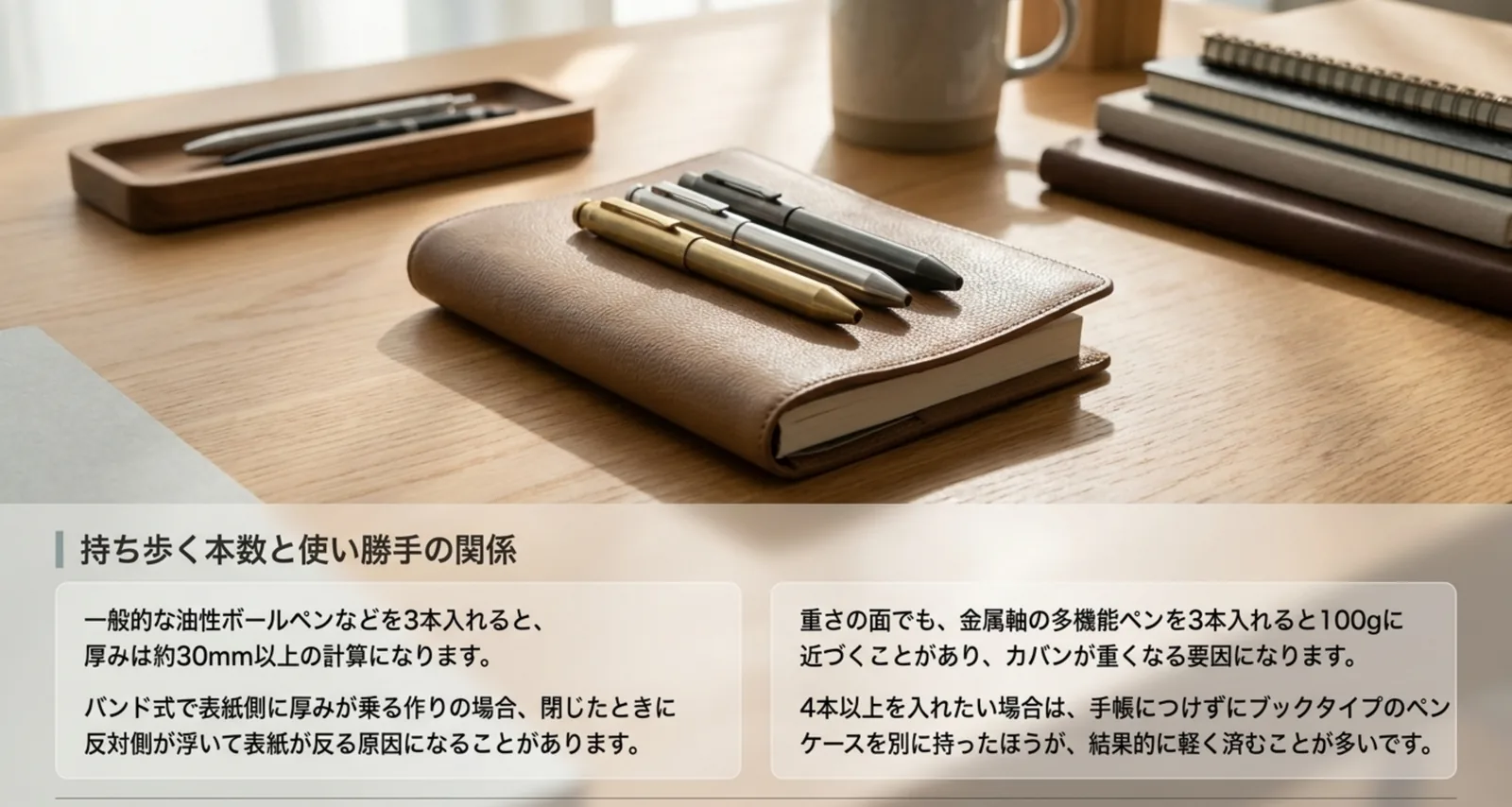 持ち歩くペンの本数が厚みと重さに与える影響を数値で示したスライド