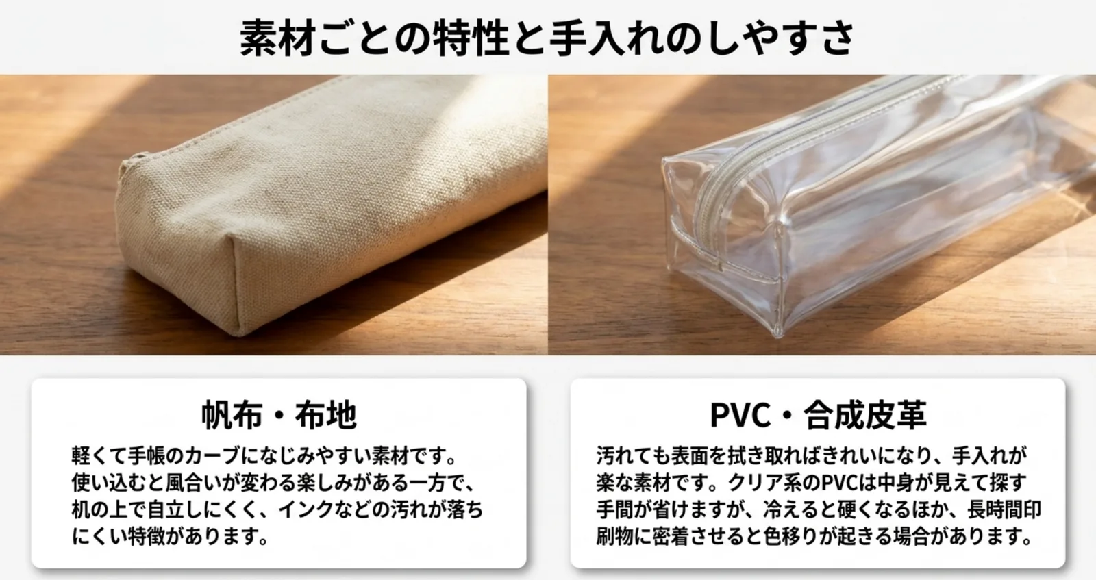 帆布のペンケースとクリアなPVCのペンケースを並べて素材の違いを比べたスライド