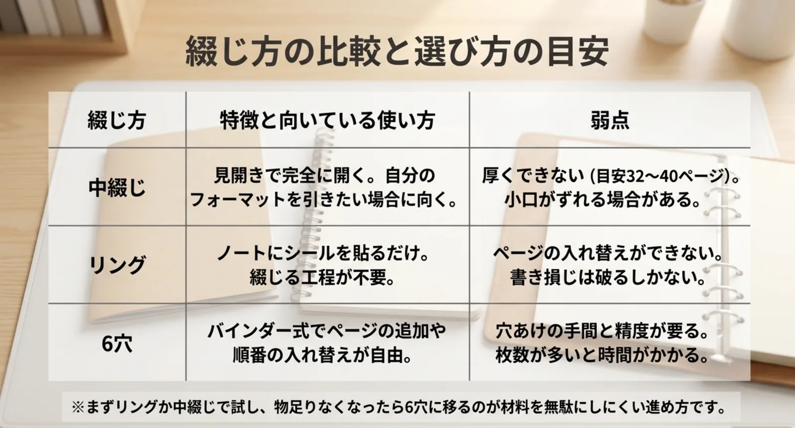 中綴じ・リング・6穴の3つの綴じ方について、向いている使い方と弱点を並べた比較表のスライド