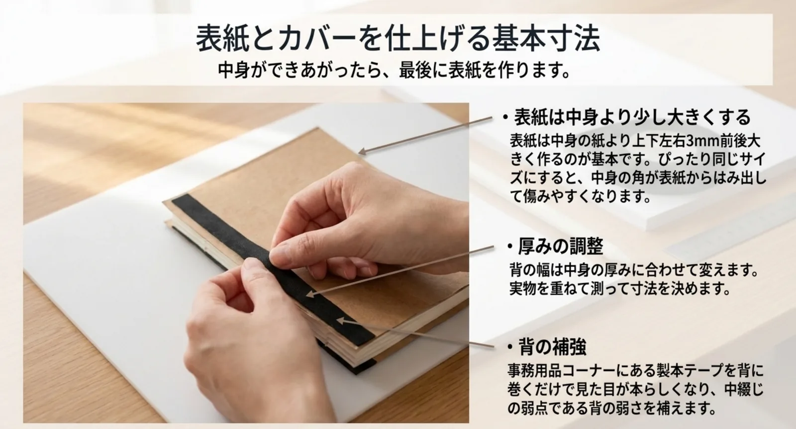 表紙を中身より3mm前後大きく作る、背に製本テープを巻くといった仕上げの要点を示したスライド