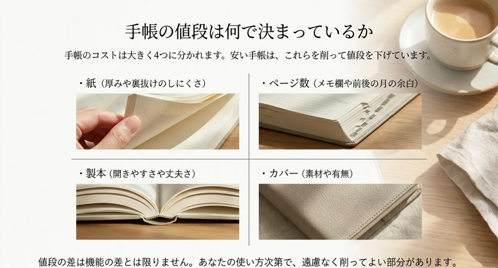紙・ページ数・製本・カバーという手帳のコストを構成する4つの要素を、それぞれの写真とともに並べたスライド