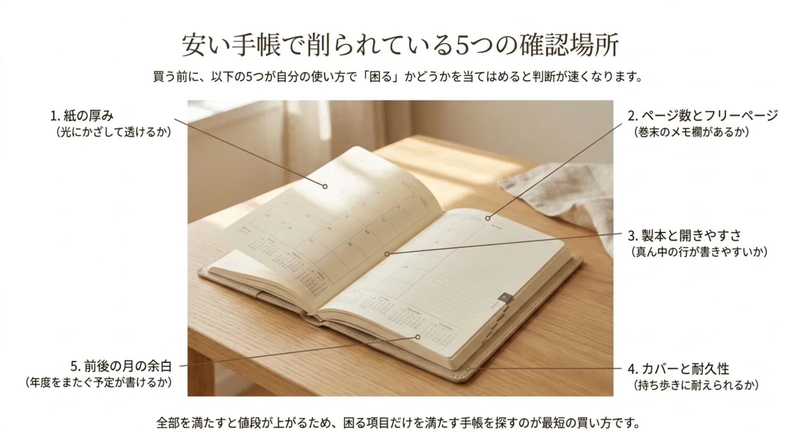 開いた手帳の写真に、紙の厚み・ページ数・製本・カバー・前後の月の余白という5つの確認場所を引き出し線で示したスライド