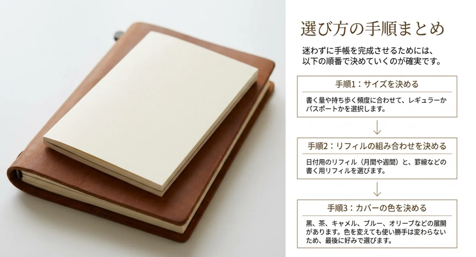 サイズを決める、リフィルの組み合わせを決める、カバーの色を決める、という手順を示したまとめのスライド