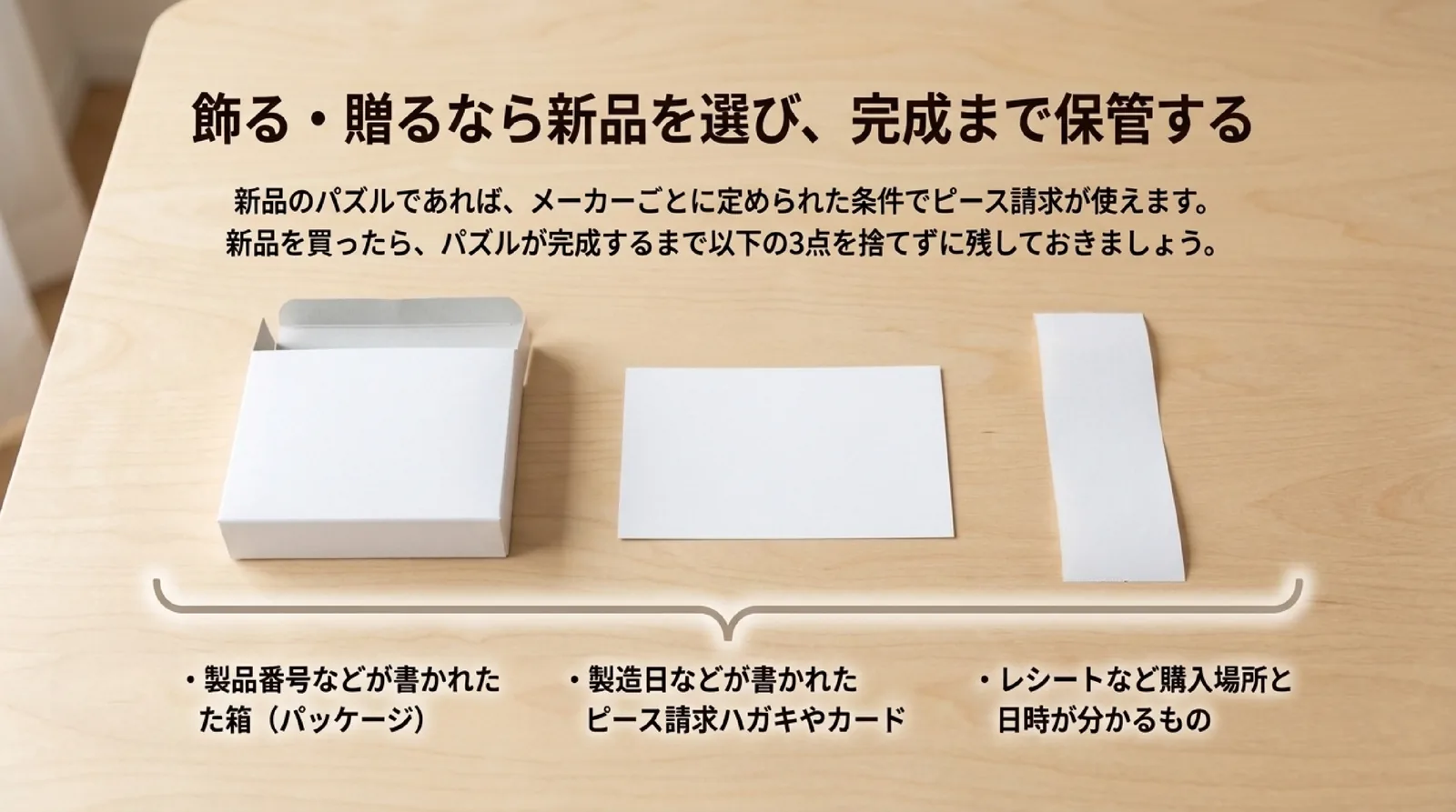新品ならピース請求が使えることと、箱、請求ハガキ、購入場所と日時が分かるものを完成まで残すことを示したスライド