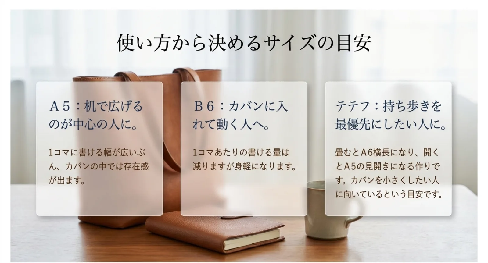 机で広げるならA5、カバンで運ぶならB6、持ち歩き優先ならTETEFUという使い分けを示したスライド