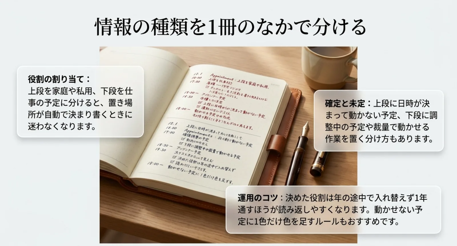 上段を家庭や私用、下段を仕事の予定に分けるなど、上下で情報の種類を分ける使い方を示したスライド
