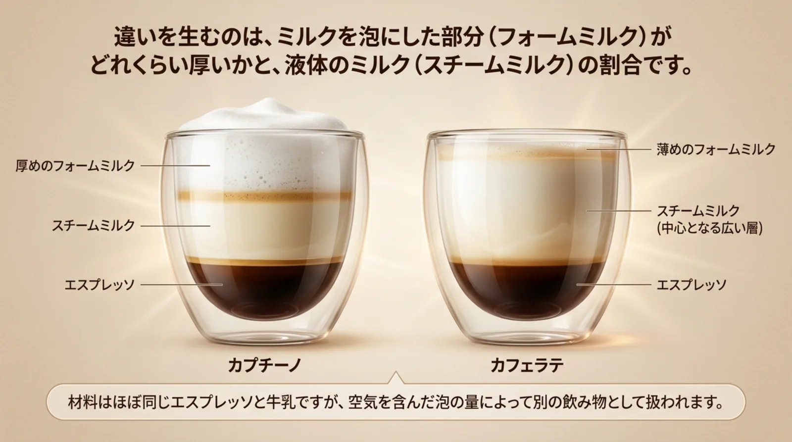 カプチーノは厚めのフォームミルク、カフェラテはスチームミルクが中心で泡が薄めであることを、グラスの断面で比べたスライド
