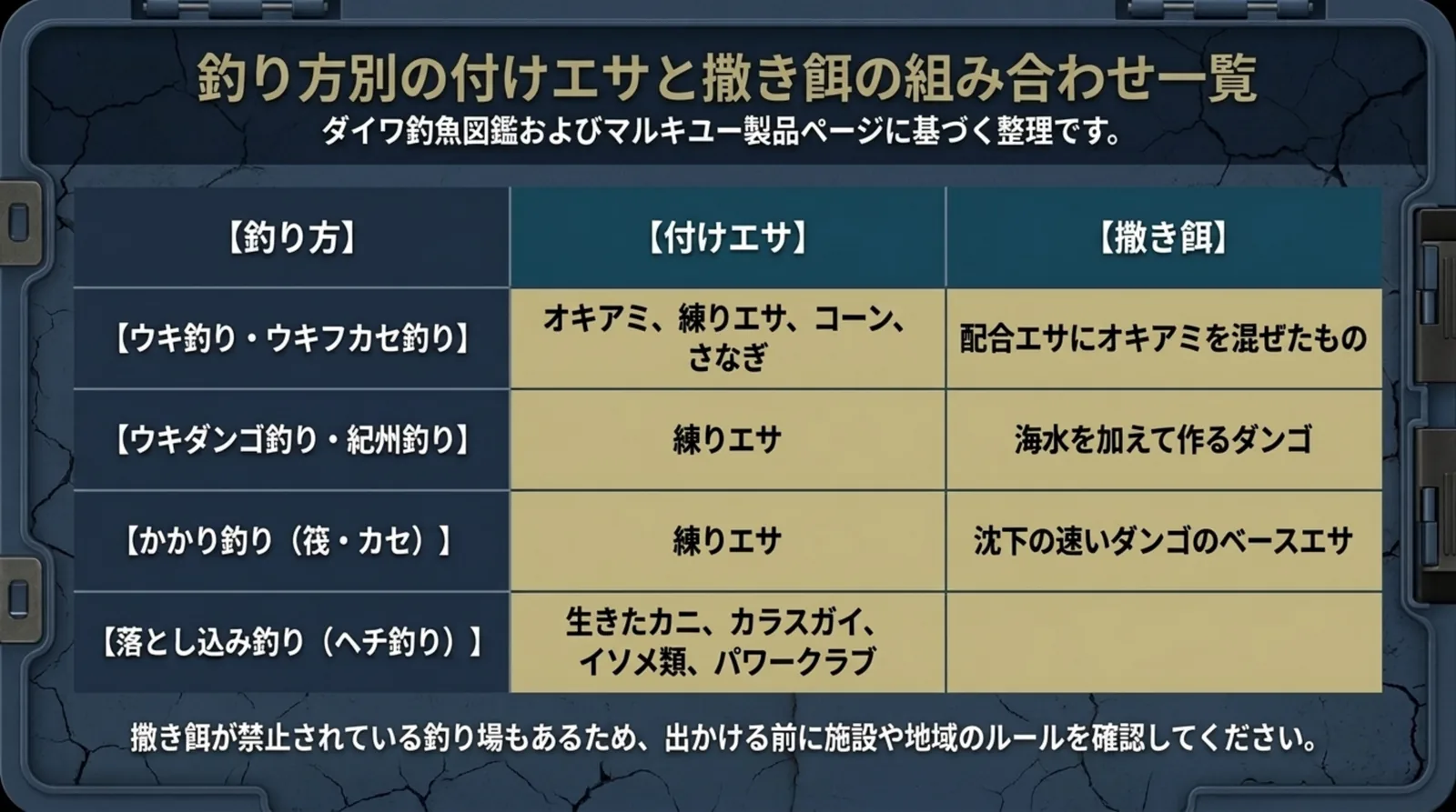 ウキフカセ・ウキダンゴ・かかり釣り・落とし込みの4つの釣り方ごとに付けエサと撒き餌を並べた表のスライド