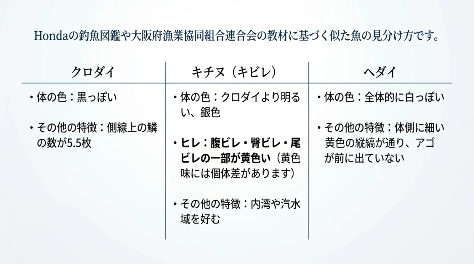 クロダイ、キチヌ(キビレ)、ヘダイの体の色やヒレの色、鱗の数などの違いを3列で比べたスライド