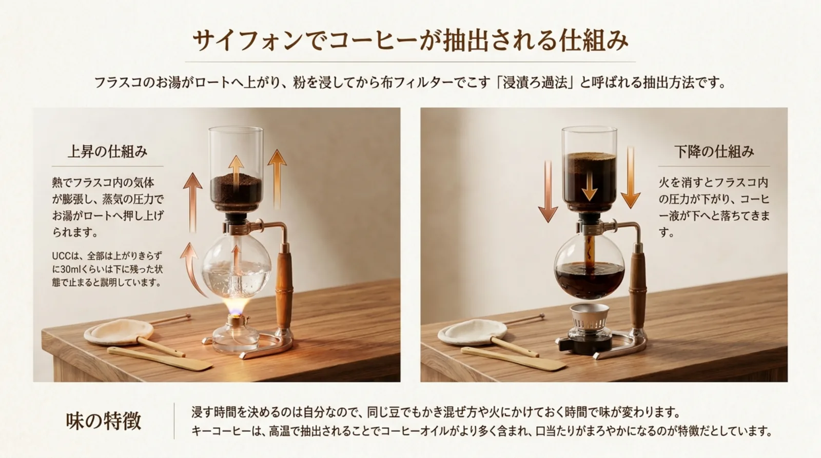 加熱でお湯がロートへ上がる様子と、火を消すとコーヒー液がフラスコへ落ちる様子を並べたスライド