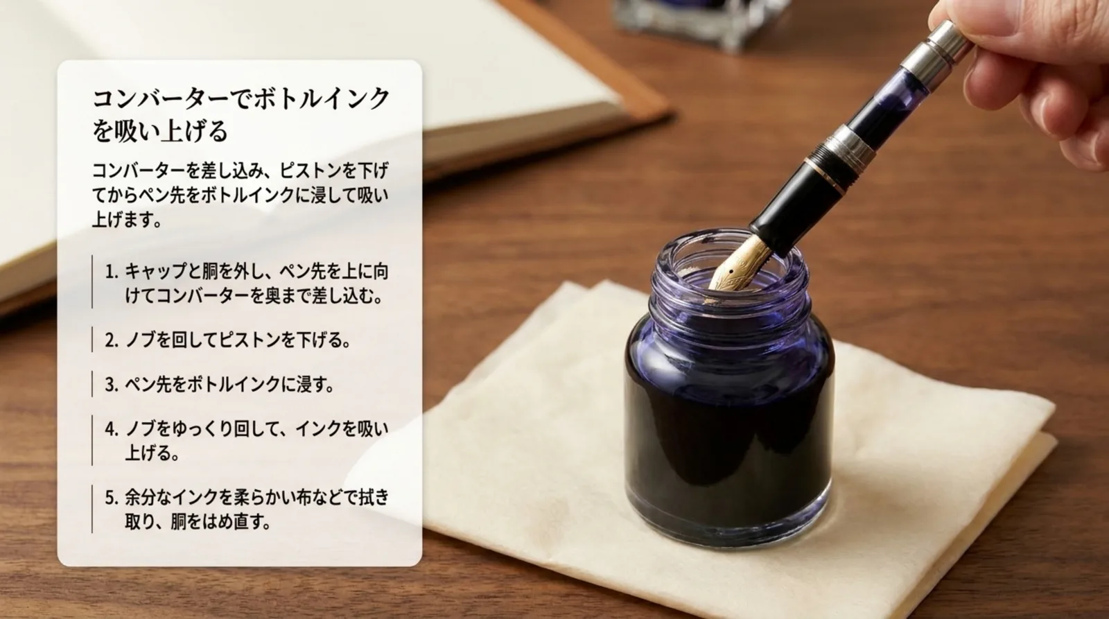 ペン先をボトルインクに浸した写真に、コンバーターを差してノブを回し吸い上げて拭き取るまでの5つの手順を添えたスライド