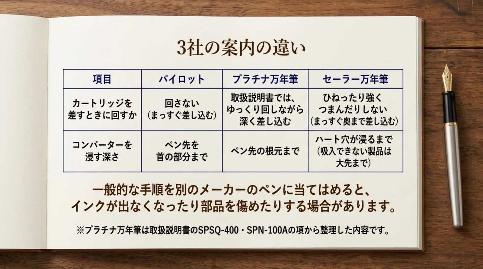 パイロット・プラチナ万年筆・セーラー万年筆の、カートリッジを差すときに回すかとコンバーターを浸す深さを比べた表