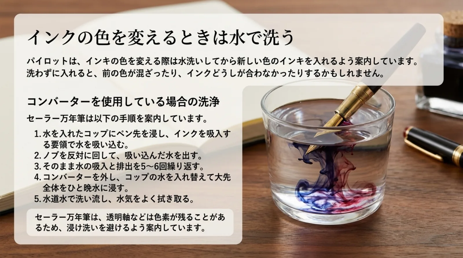 水を入れたコップにペン先を浸した写真に、コンバーターを使っているときの洗浄手順と透明軸の注意を添えたスライド