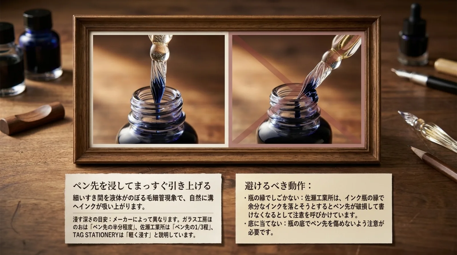 インク瓶にガラスペンのペン先を浸してまっすぐ引き上げる正しい例と、瓶の縁でしごく避けたい例を並べ、浸す深さの目安がメーカーで異なることを説明したスライド