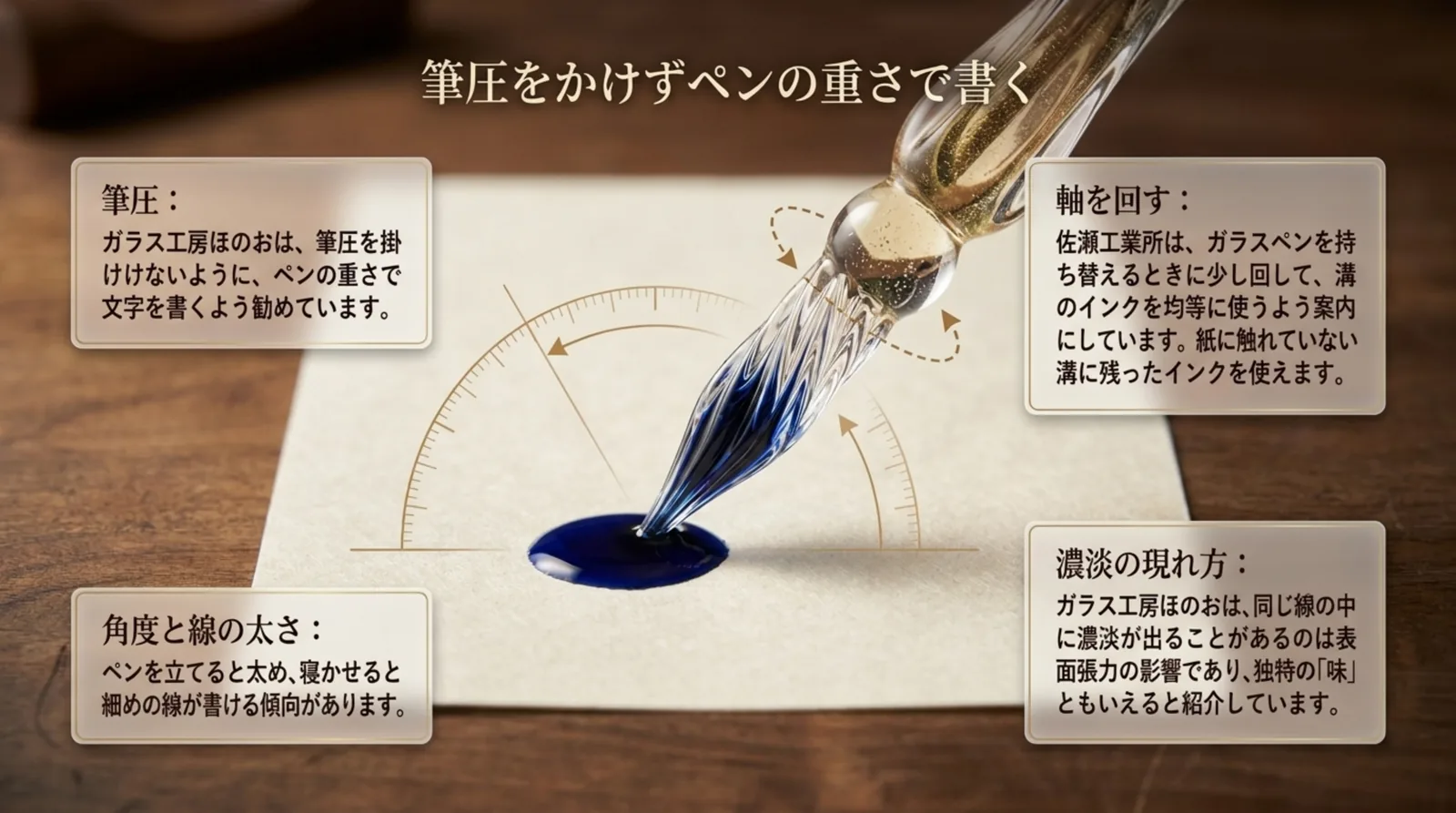 紙に当てたガラスペンの周りに、筆圧をかけないこと、角度で線の太さが変わること、軸を回して溝のインクを使うこと、濃淡の出方の4点を配置したスライド