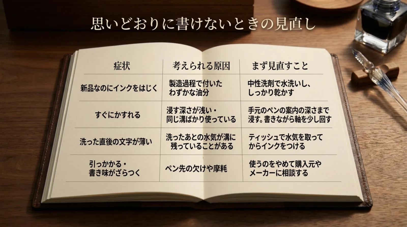 インクをはじく、すぐにかすれる、洗った直後の文字が薄い、引っかかるという4つの症状と、考えられる原因、まず見直すことを開いたノートの上に表で示したスライド